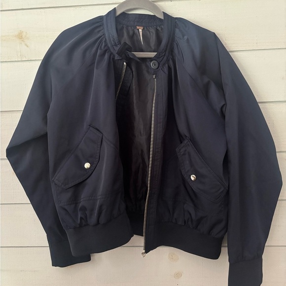 Free People Navy Bomber Jacket with Ribbed Collar and Relaxed Fit - Picture 3 of 12